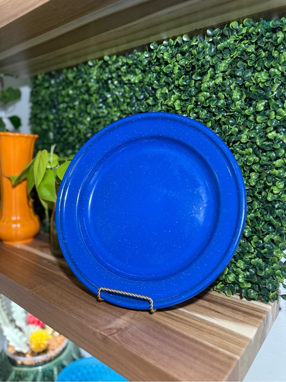 Vintage Bright Blue Speckled Enamel Camping Plate